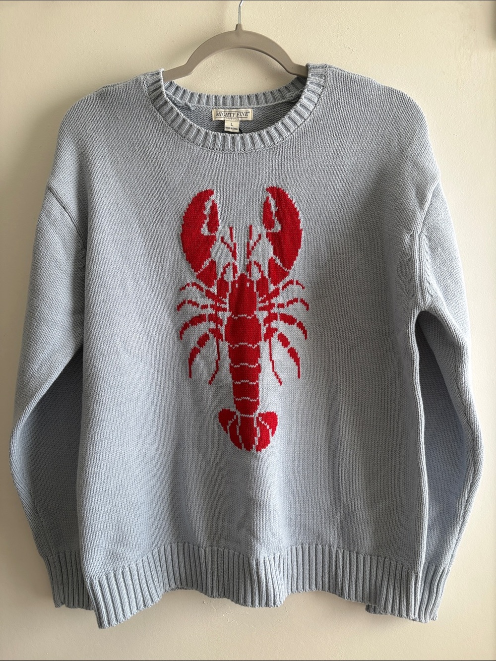 Mighty Fine Light Blue Preppy Beach  Crewneck Sweater w/Red Lobster Motif SZ L